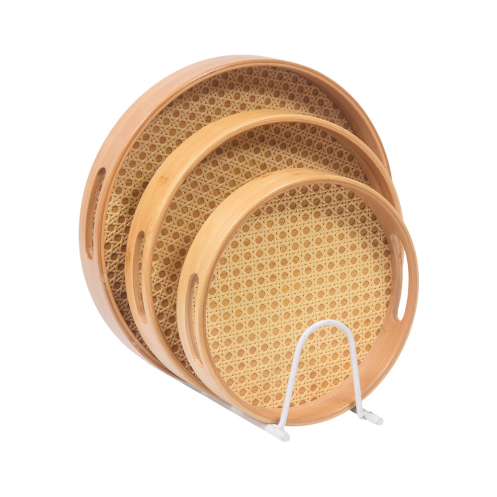 TRAY SET 3PC WOODEN CHATAI STYLE ROUND 9-7/1066 Default Title - MamasJan Crockery