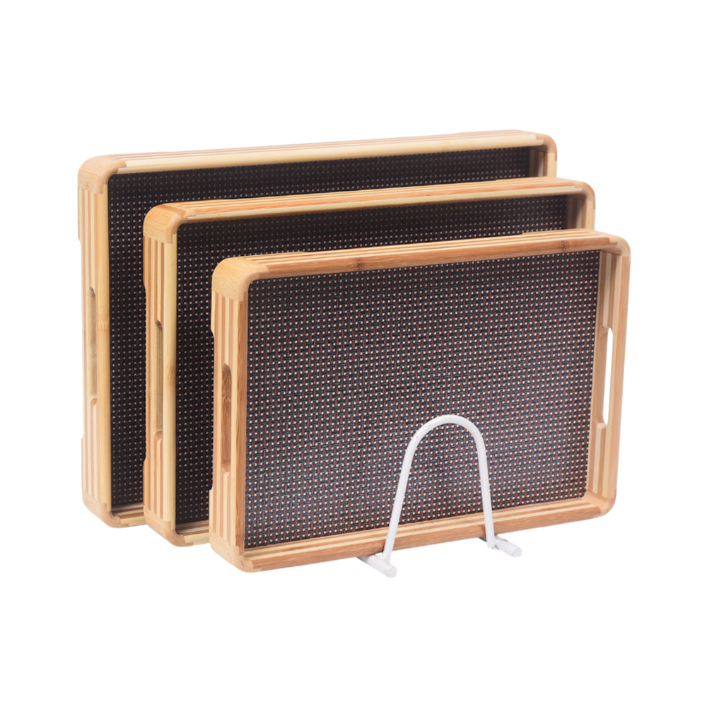TRAY SET 3PC WOODEN AJRAK STYLE RECTANGULAR 13-2/1074 Default Title - MamasJan Crockery