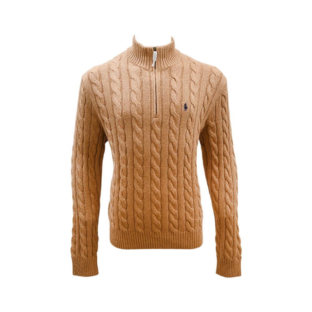 RL MEN L/S CABLE KNIT H-ZIPPER SWEATER 213006 BRN L (IRW) Default Title - MamasJan mens wear