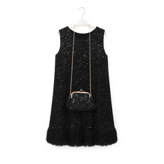 GIRLS S/L FANCY FROCK W-PURSE BLK IR-25 5-6YEAR V2325 Default Title - MamasJan KidsWear