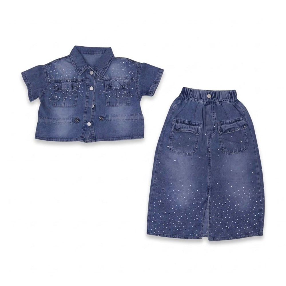 GIRLS S/S 2PC LONG SKIRT SUIT DENIM IR-26 4-5 YEAR 25857 Default Title - MamasJan KidsWear