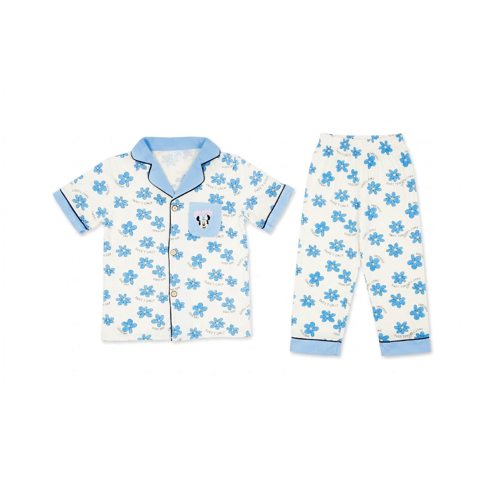 GIRLS S/S 2PC SLEEPING SUIT F/O 5-6YEAR BLUE PRINTED NO-57 I Default Title - MamasJan KidsWear