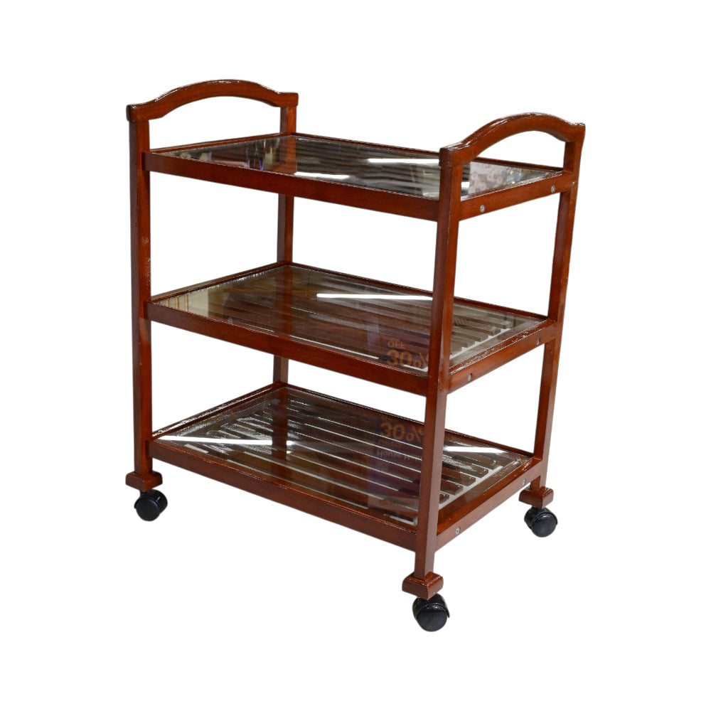 WOODEN TEA TROLLEY WITH GLASS 3 SHELF DARK BROWN Default Title - MamasJan Household