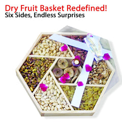 Hexagonal - Shaped Dry Fruits Basket with Seven Sections - Almonds, Cashews, Pistachios, Peeled Peanuts, Walnuts, Mixed Nuts, and Golden Raisins - A Nutty Delight Share with your Family