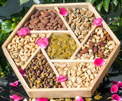 Hexagonal - Shaped Dry Fruits Basket with Seven Sections - Almonds, Cashews, Pistachios, Peeled Peanuts, Walnuts, Mixed Nuts, and Golden Raisins - A Nutty Delight Share with your Family
