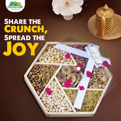 Hexagonal - Shaped Dry Fruits Basket with Seven Sections - Almonds, Cashews, Pistachios, Peeled Peanuts, Walnuts, Mixed Nuts, and Golden Raisins - A Nutty Delight Share with your Family