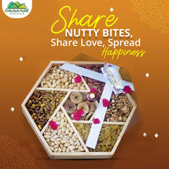 Hexagonal - Shaped Dry Fruits Basket with Seven Sections - Almonds, Cashews, Pistachios, Peeled Peanuts, Walnuts, Mixed Nuts, and Golden Raisins - A Nutty Delight Share with your Family