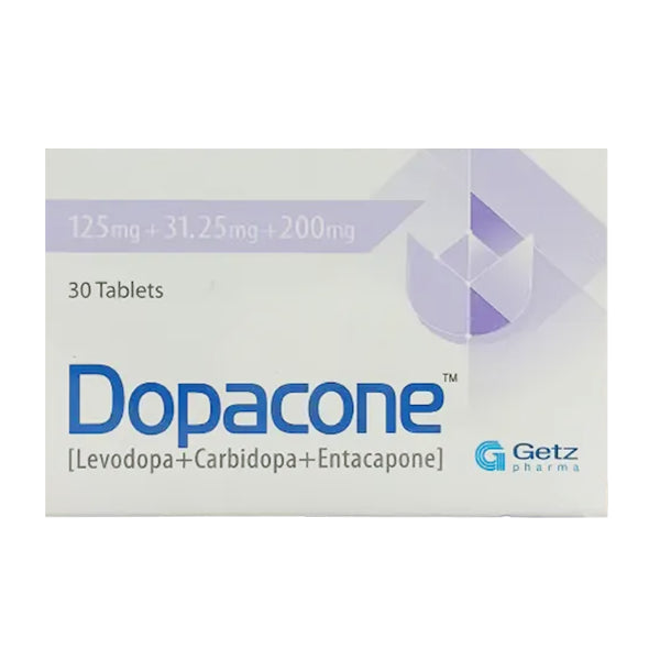 Dopacone Tablets 125+31.25+200mg (1 Box = 3 Strips) (1 Strip = 10 Tablets)