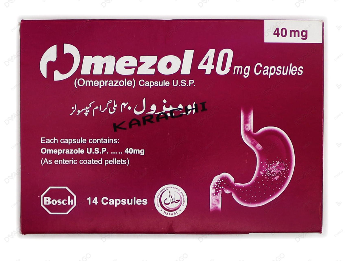 Omezol Capsules 40mg (1 Box = 2 Strips) (1 Strip = 7 Capsules)