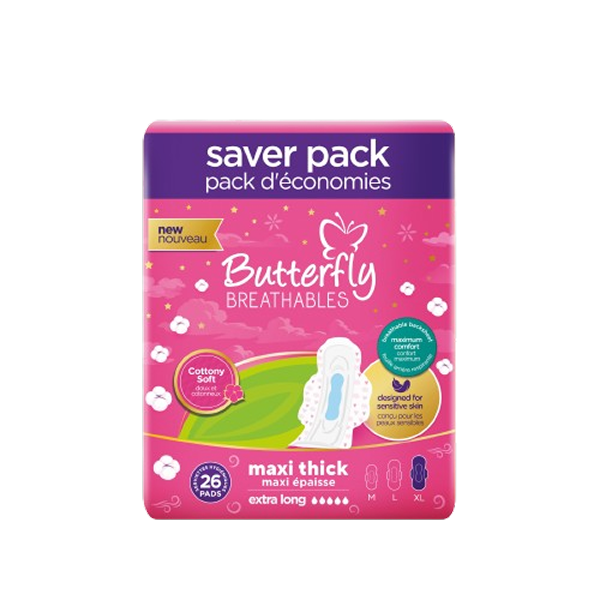 Butterfly Breathables Maxi Thick Sanitary Pads XLong Trio Pack 26Pcs