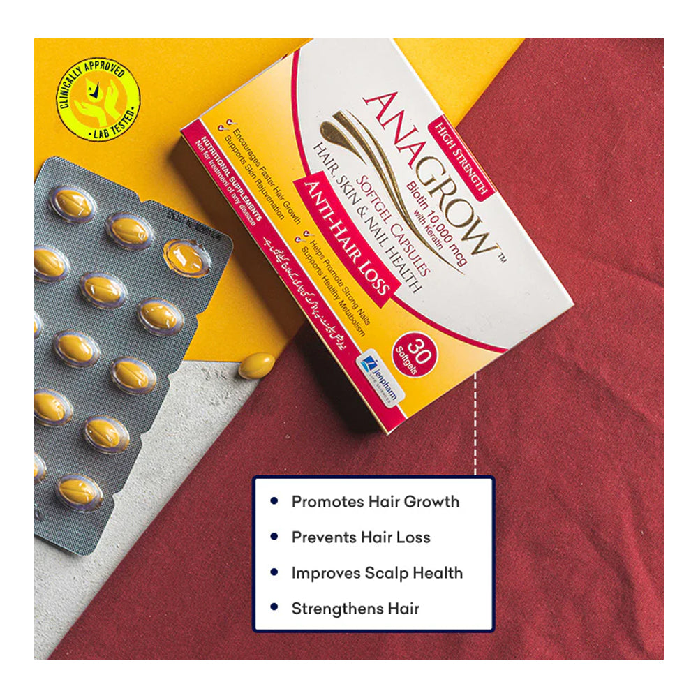 Jen Pharm Anagrow Biotin 10000mcg With Keratin, Soft Gel Capsules, 30-Pack product image 2 - Mamasjan