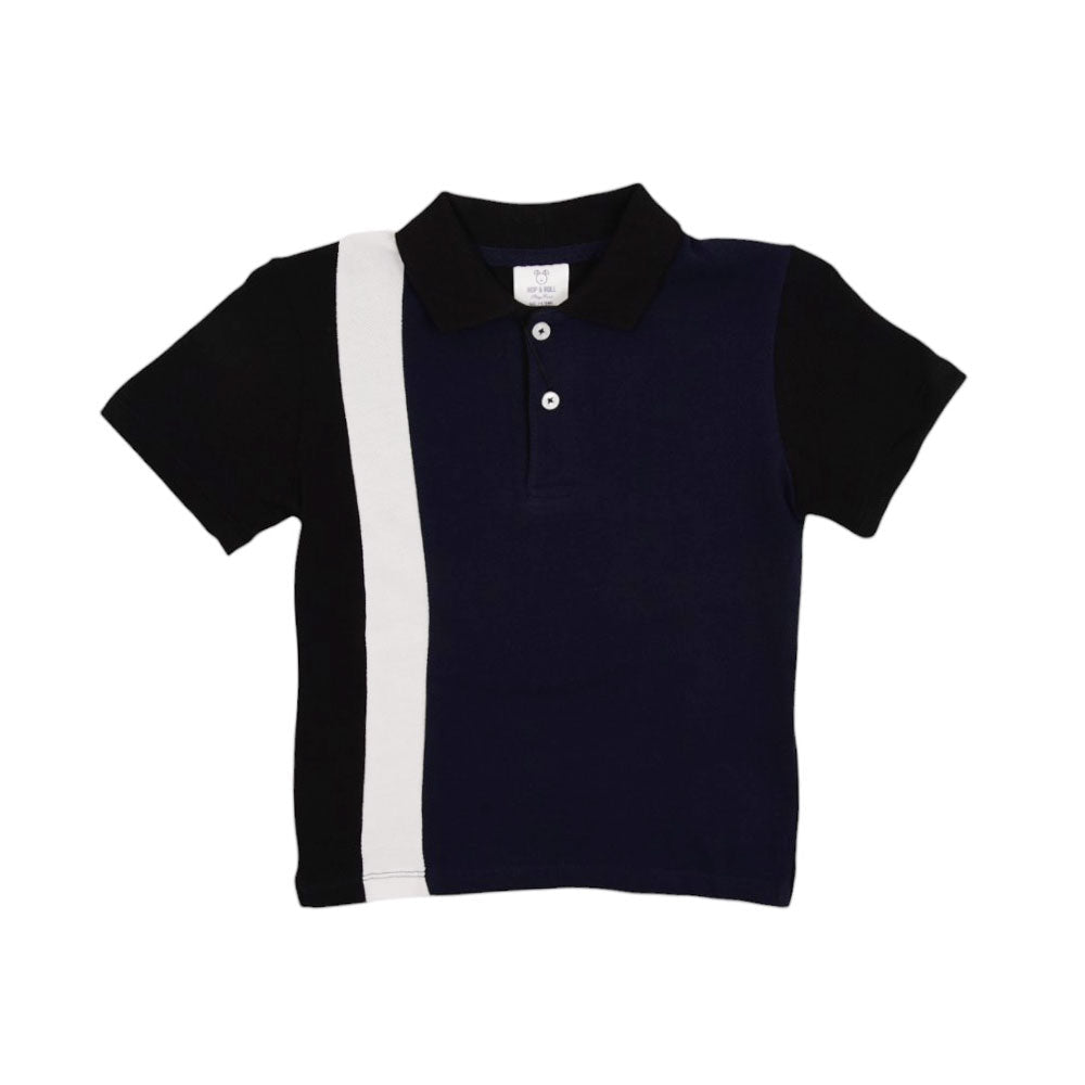 BOYS L/S POLO T-SHIRT HOP & ROLL NAVY WHT PANEL MZW-23 3-4 Y Default Title - MamasJan KidsWear