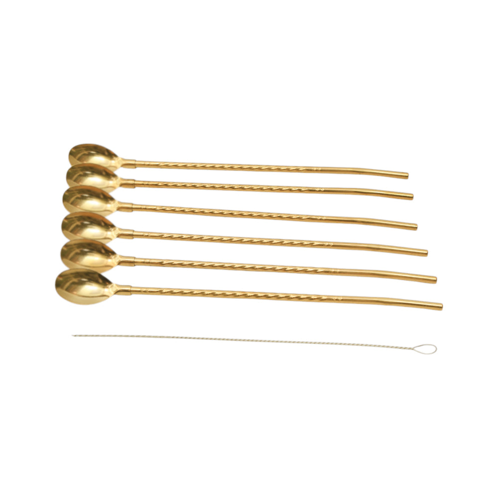 STRAW SPOON 7PC SET STEEL GOLDEN Default Title - MamasJan Crockery