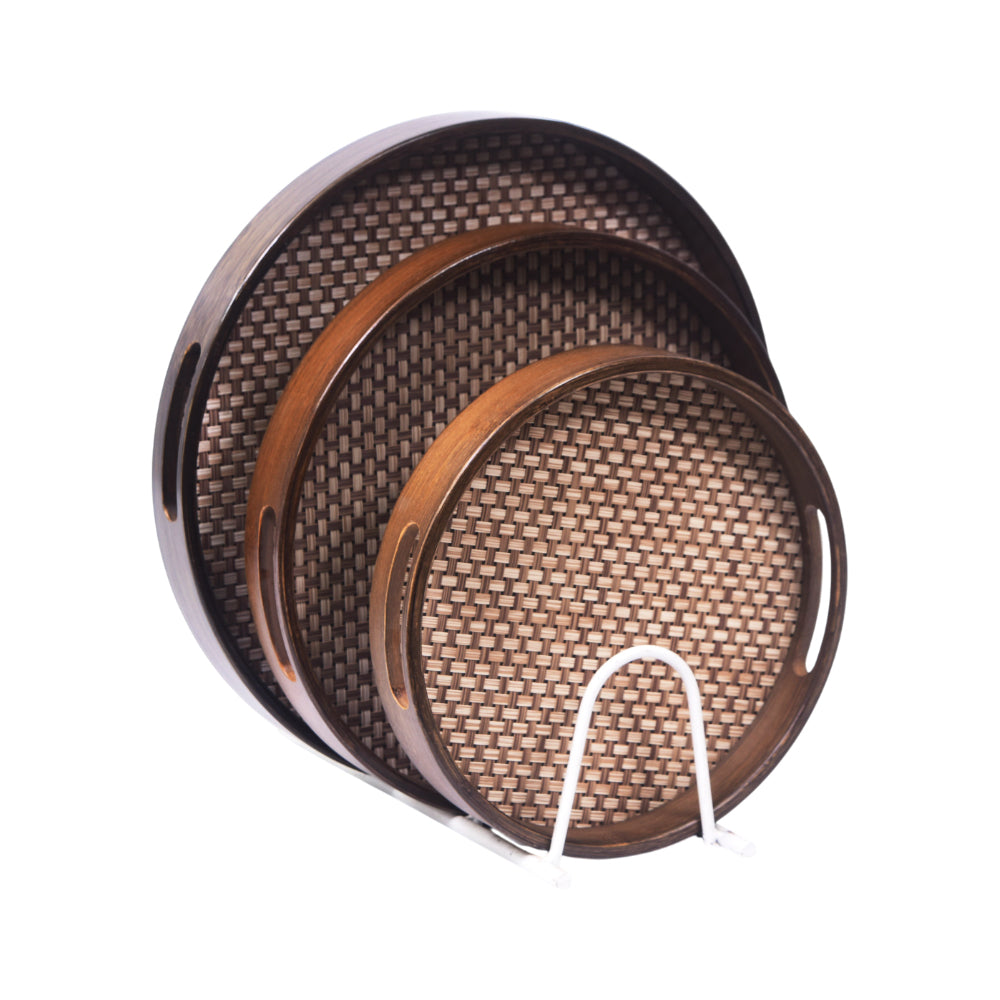 TRAY SET 3PC WOODEN JUTE STYLE ROUND 9-3/1063 Default Title - MamasJan Crockery