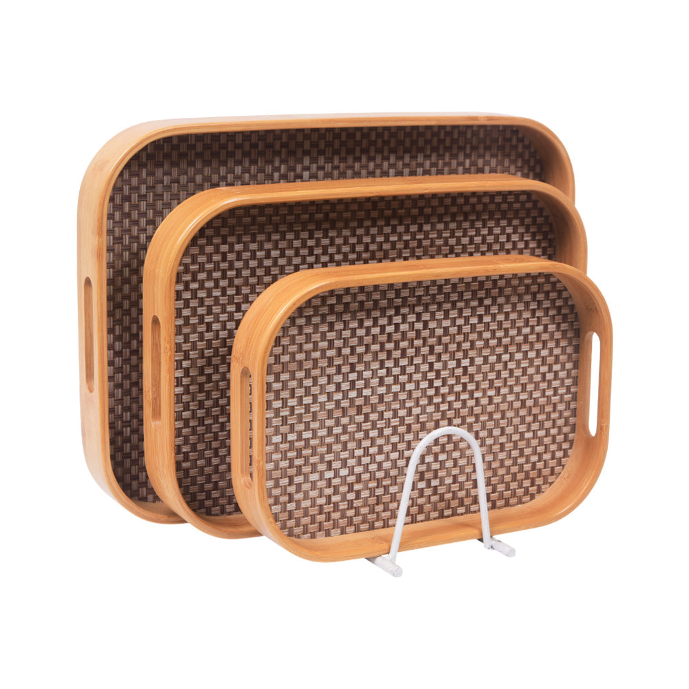 TRAY SET 3PC WOODEN JUTE STYLE RECTANGULAR 9-2/1064 Default Title - MamasJan Crockery