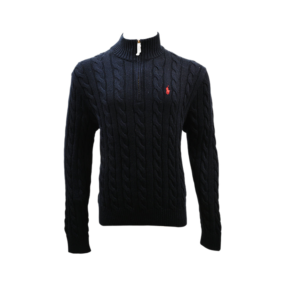 RL MEN L/S CABLE KNIT H-ZIPPER SWEATER 213004 NVY L (IRW) Default Title - MamasJan mens wear