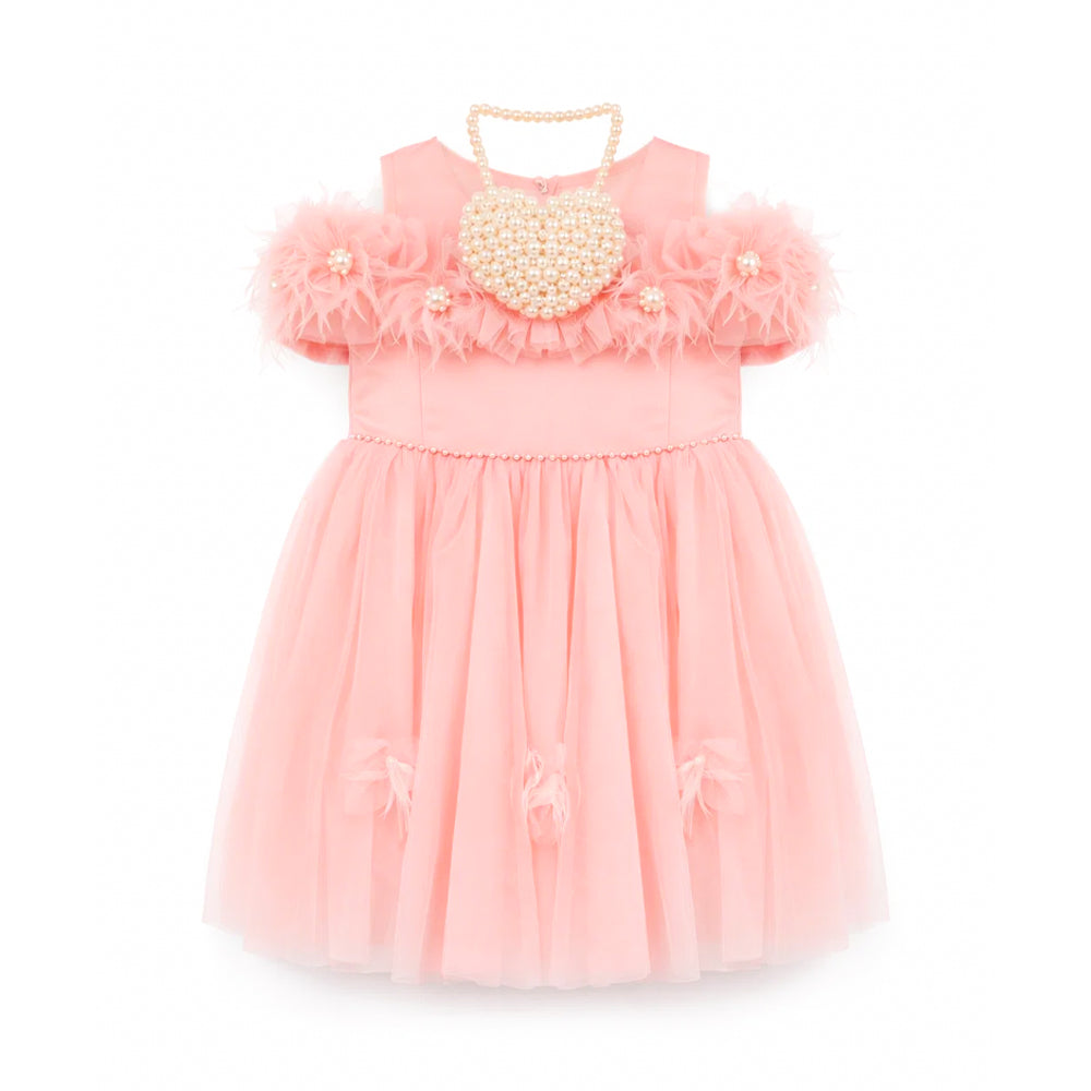 GIRLS S/L FANCY FROCK W-PURSE PEACH IR-25 6-7YEAR SCH190 Default Title - MamasJan KidsWear