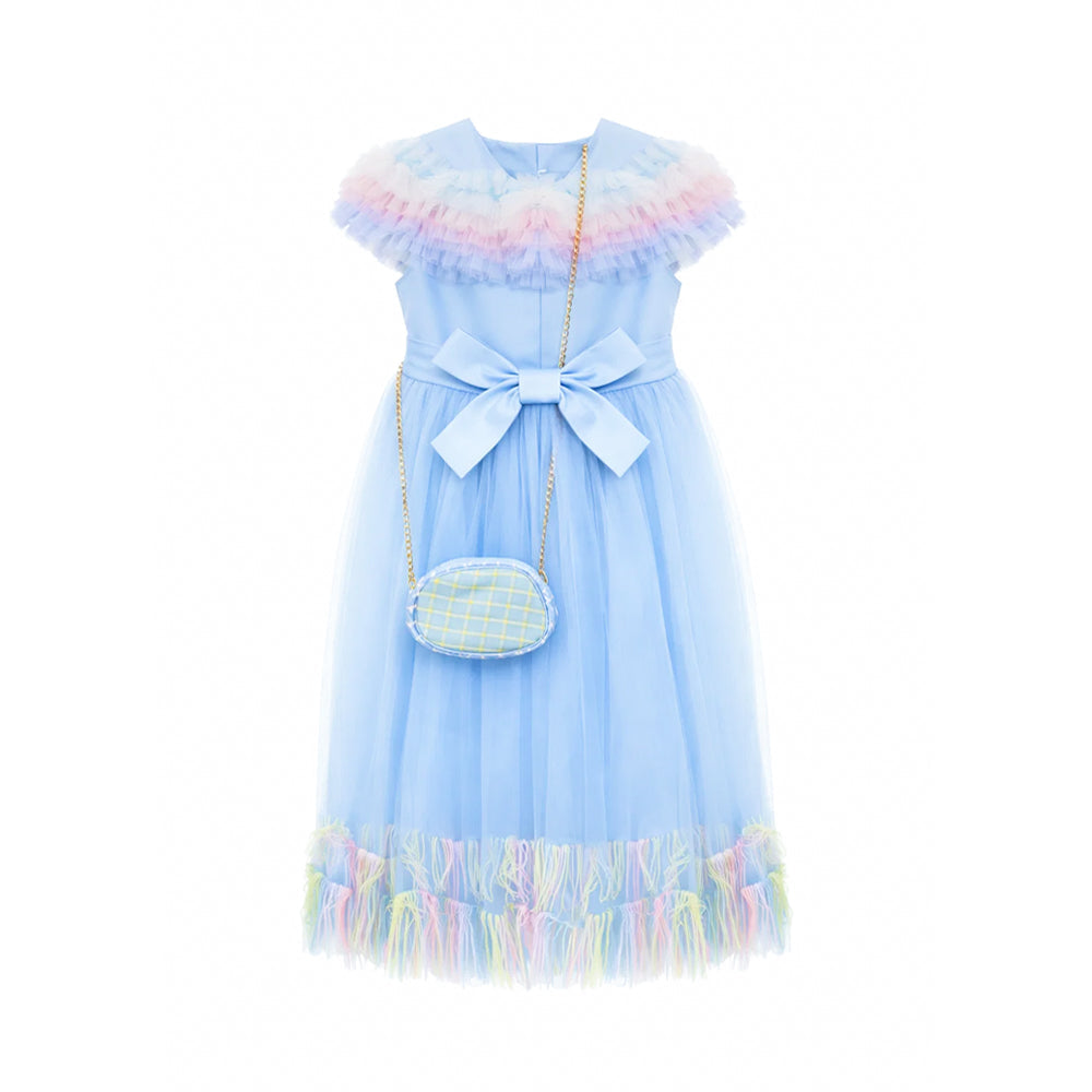 GIRLS S/L FANCY FROCK W-PURSE SKY BLU IR-25 5-6YEAR VT095 Default Title - MamasJan KidsWear
