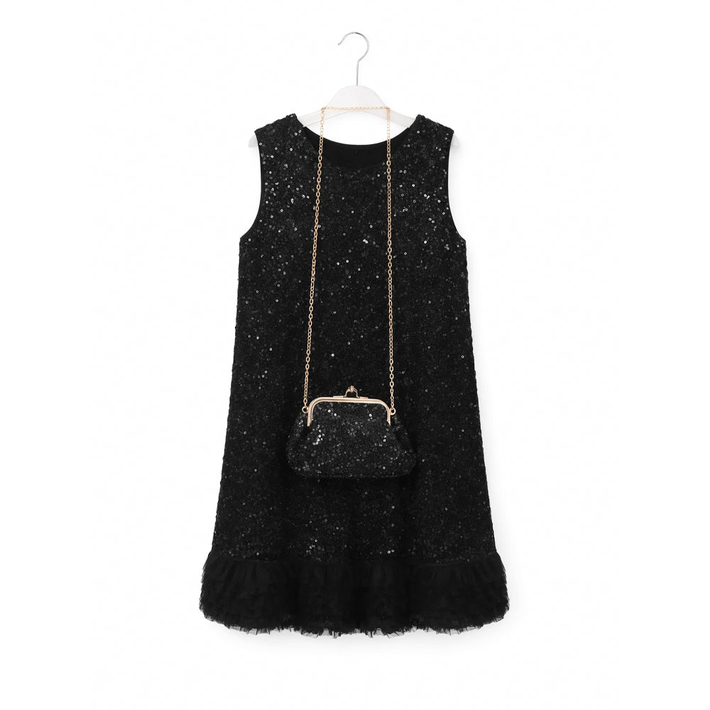 GIRLS S/L FANCY FROCK W-PURSE BLK IR-25 5-6YEAR V2325 Default Title - MamasJan KidsWear
