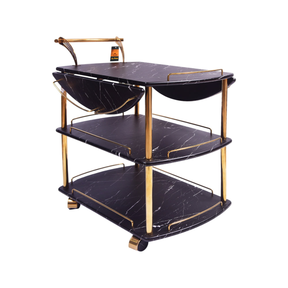 TEA TROLLEY FOLDING 3 SHELF-885 BLACK MARBLE-E18 Default Title - MamasJan Household