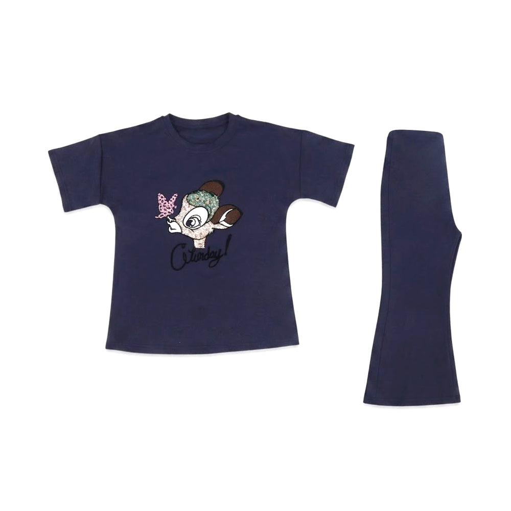 GIRLS S/S 2PC KNIT FLEEPER SUIT BLACK IR S-26 9-10 YEAR NO32 Default Title - MamasJan KidsWear