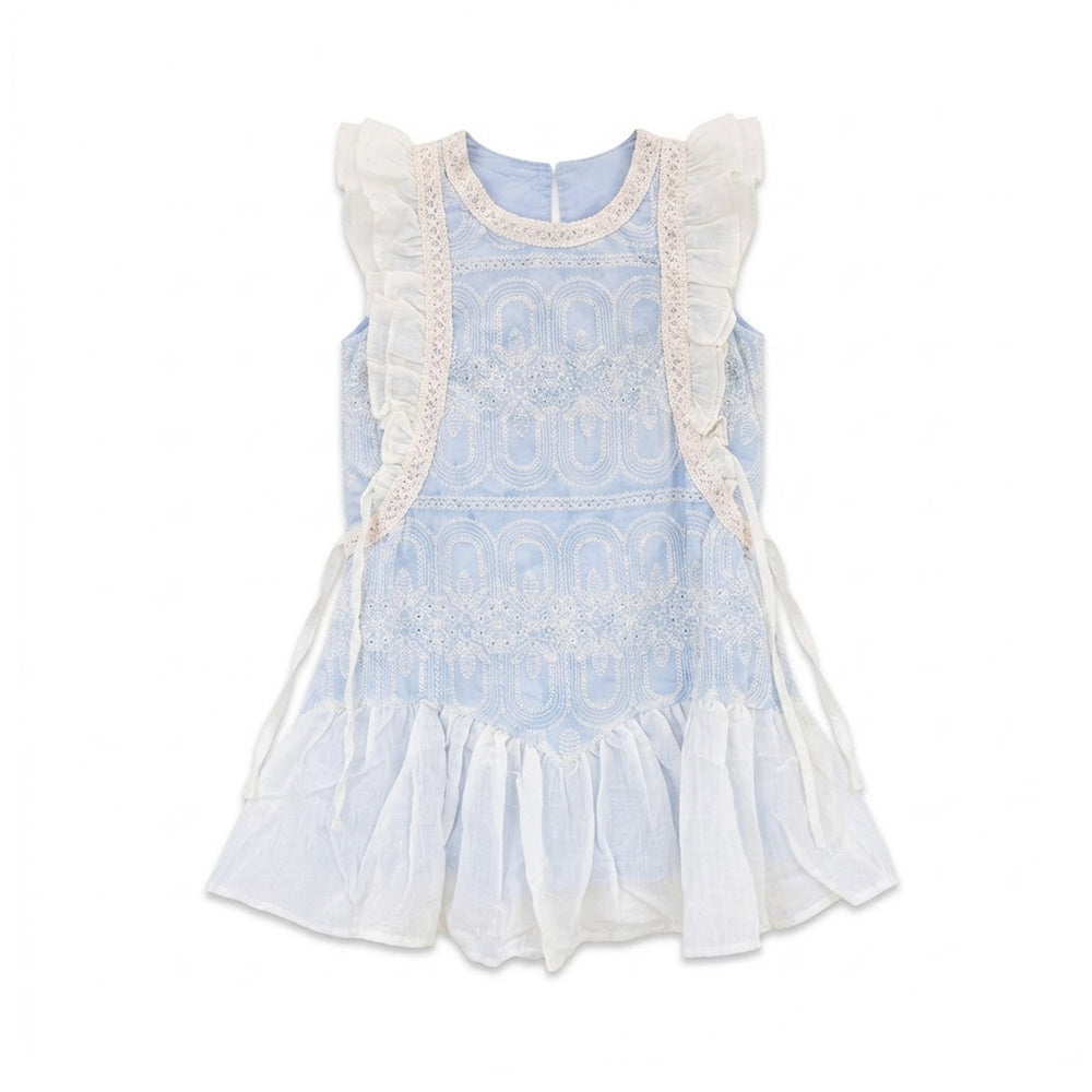 GIRLS CAP/SLV COTTON PRINTED FROCK SKY BLUE IR-26 6-7 YEAR 3 Default Title - MamasJan KidsWear
