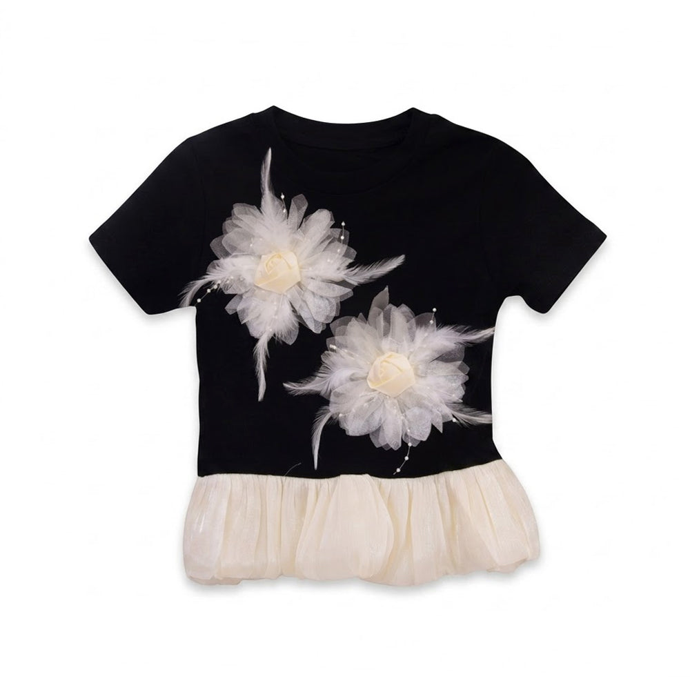 GIRLS S/S KNIT FANCY BLOUSE BLACK IR-26 18-24M 6202 Default Title - MamasJan KidsWear