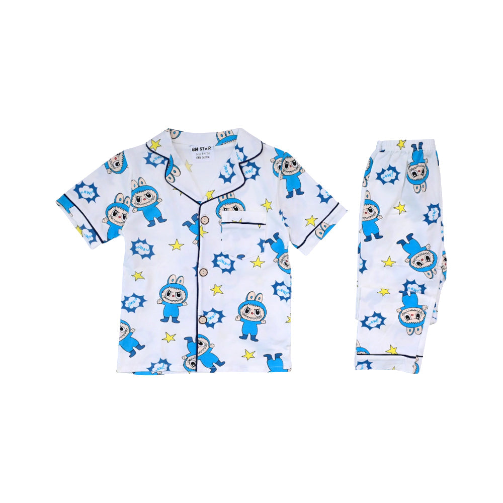 BOYS S/S 2PC SLEEPING SUIT F/O 2-3YEAR WHITE PRINTED NO-10 I Default Title - MamasJan KidsWear