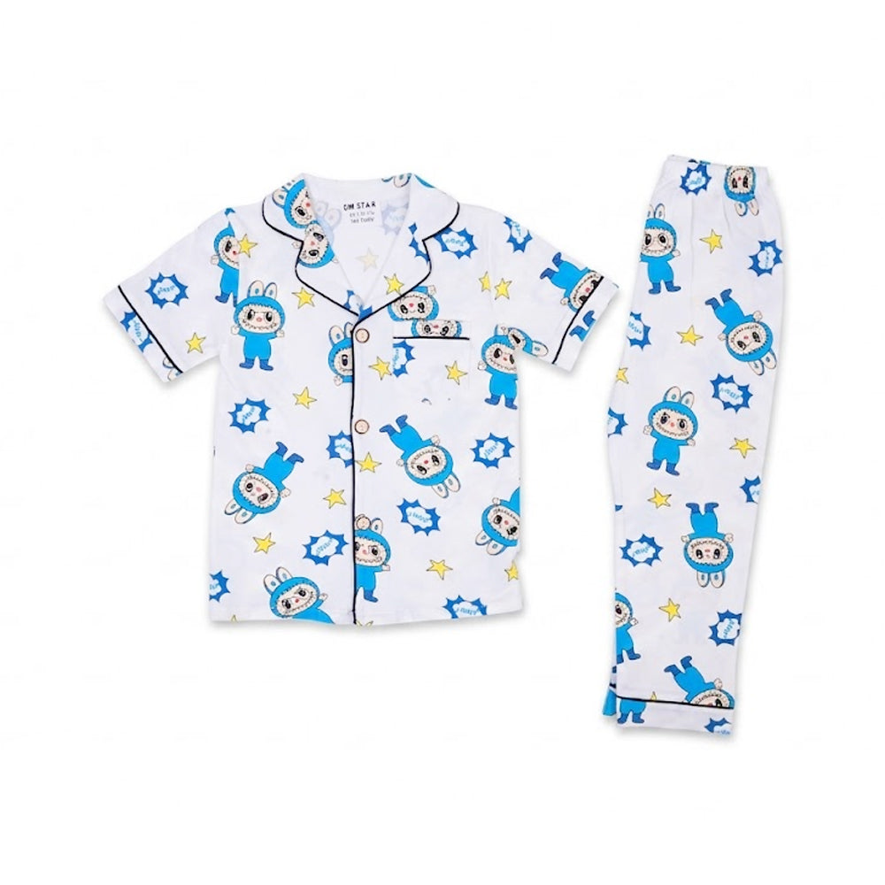 BOYS S/S 2PC SLEEPING SUIT F/O 3-4YEAR WHITE PRINTED NO-10 I Default Title - MamasJan KidsWear