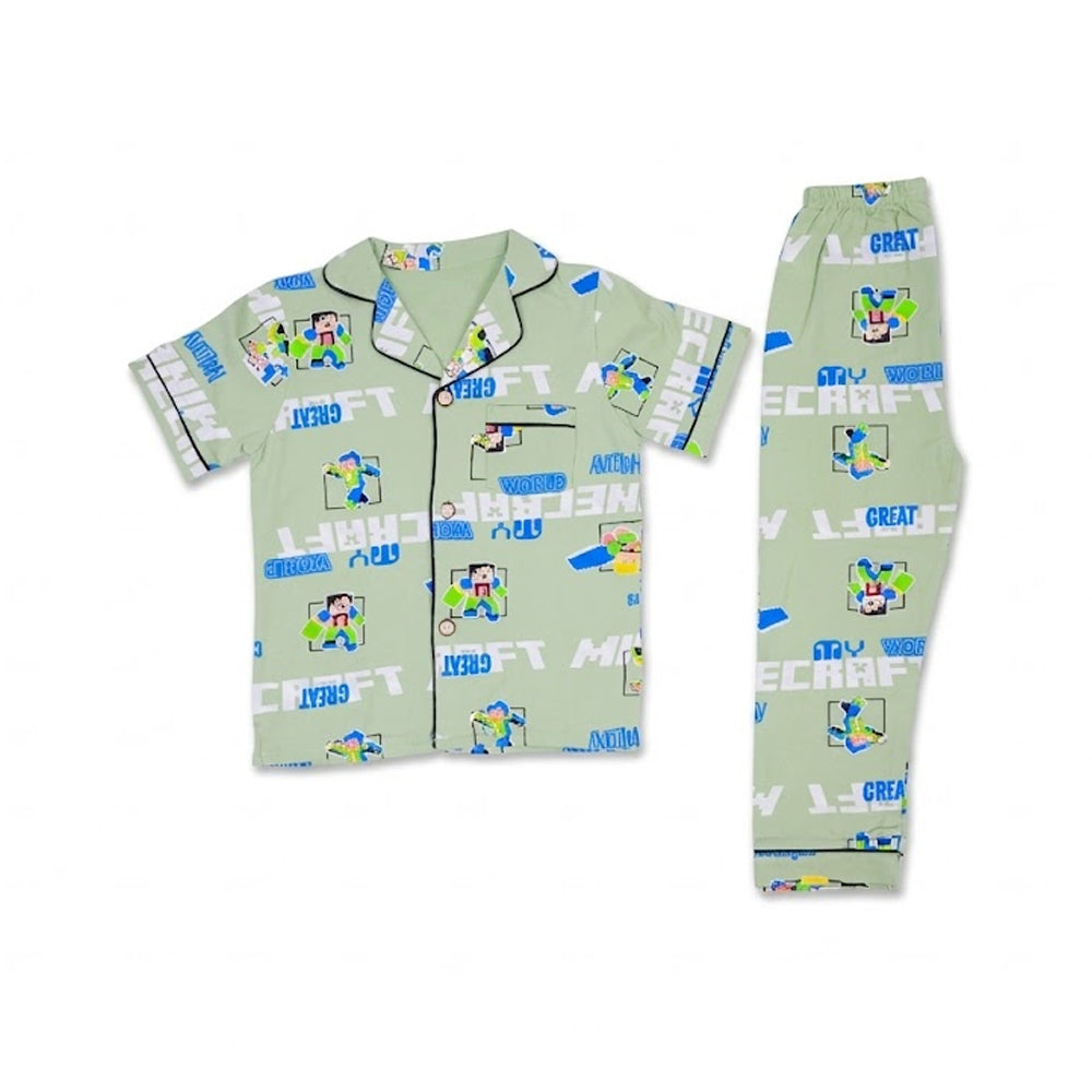 BOYS S/S 2PC SLEEPING SUIT F/O 4-5YEAR GREEN PRINTED NO-17 I Default Title - MamasJan KidsWear
