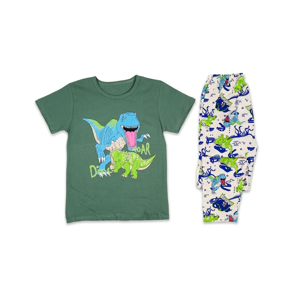 BOYS S/S 2PC SLEEPING SUIT ROUND NECK 7-8YEAR GREEN PRINTED Default Title - MamasJan KidsWear