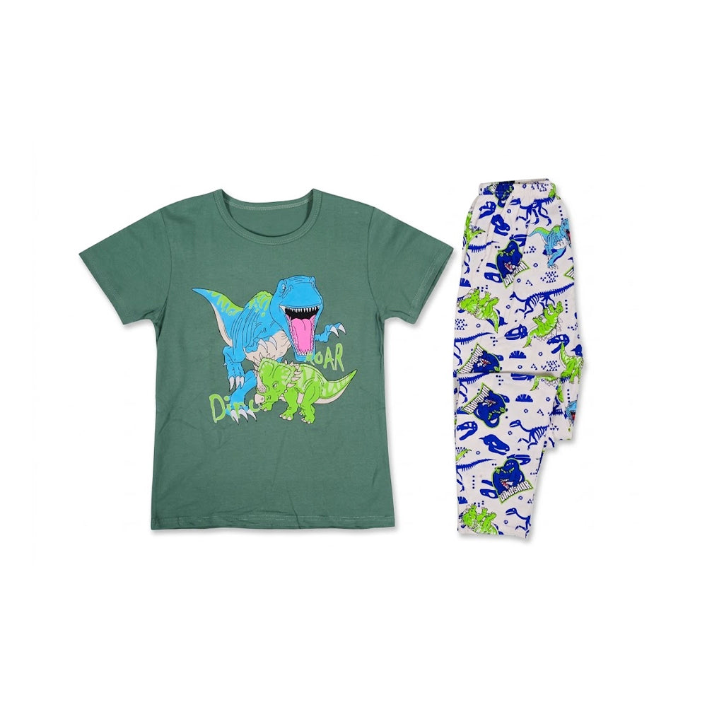 BOYS S/S 2PC SLEEPING SUIT ROUND NECK 8-9YEAR GREEN PRINTED Default Title - MamasJan KidsWear