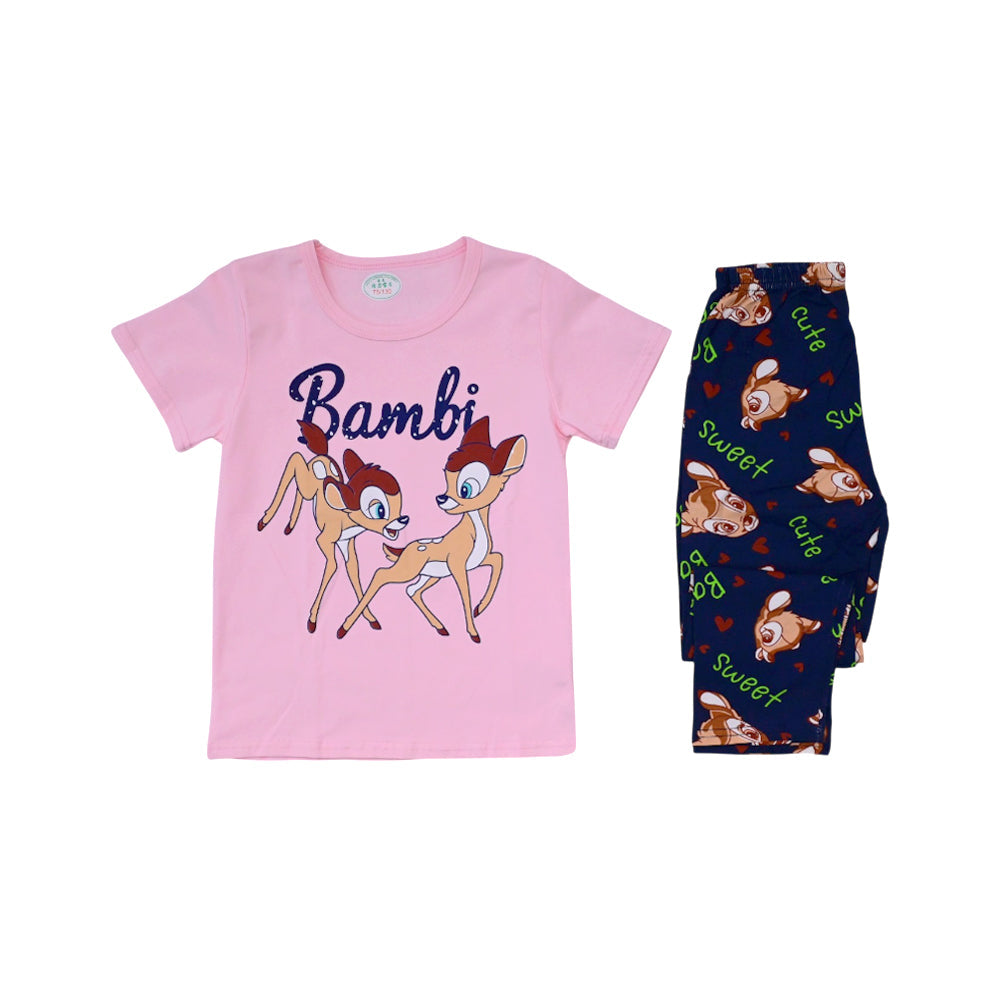 GIRLS S/S 2PC SLEEPING SUIT ROUND NECK 4-5YEAR PINK NO-35 IR Default Title - MamasJan KidsWear