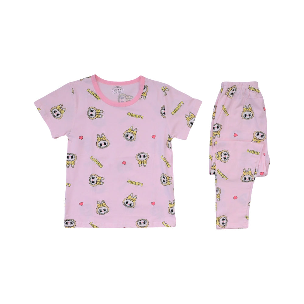 GIRLS S/S 2PC SLEEPING SUIT ROUND NECK 4-5YEAR L-PINK NO-37 Default Title - MamasJan KidsWear