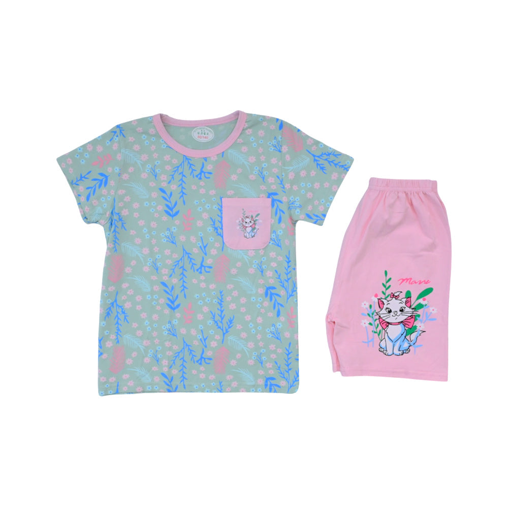 GIRLS S/S 2PC KNICKER SUIT 5-6YEAR GREEN /PINK NO-49 IR-26 Default Title - MamasJan KidsWear