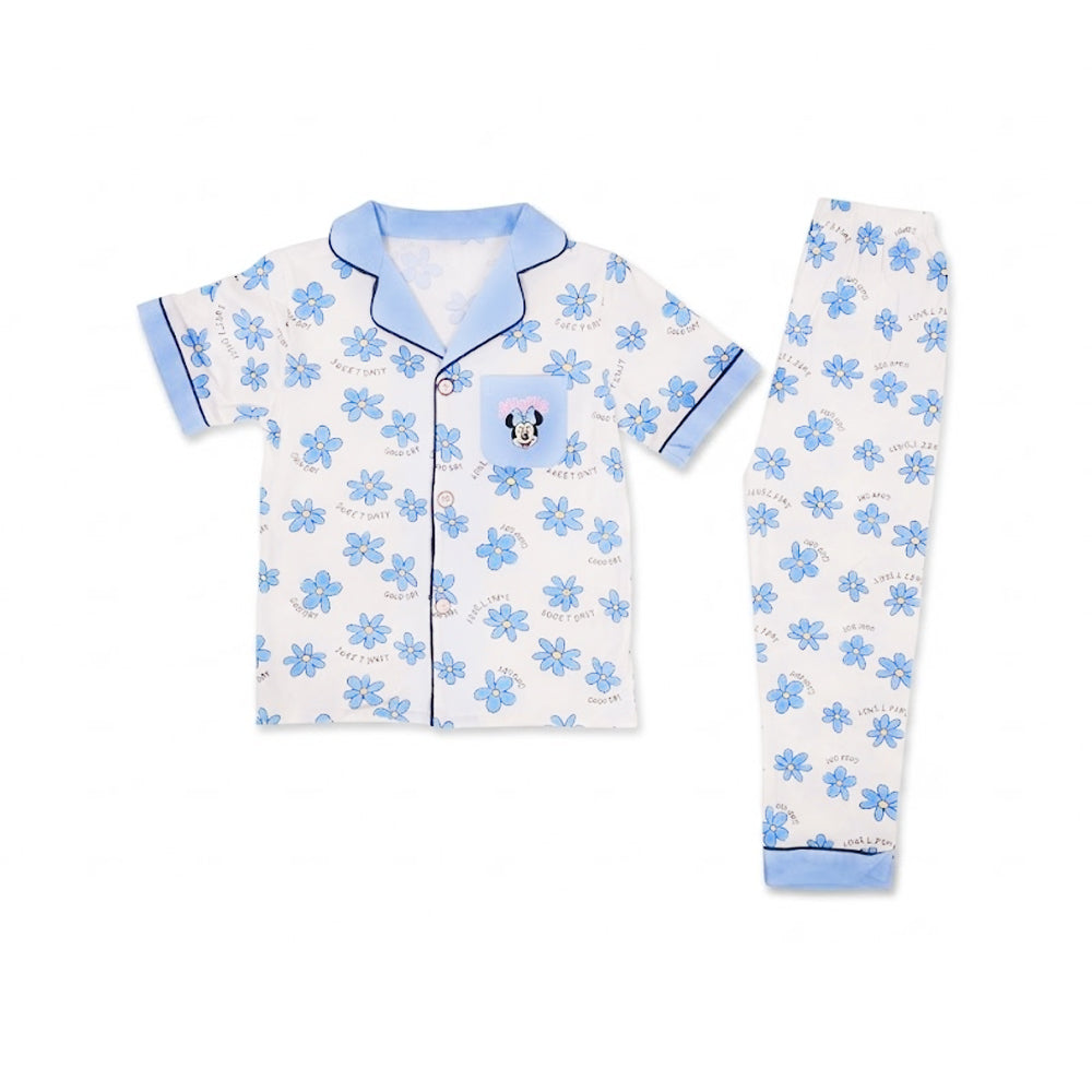 GIRLS S/S 2PC SLEEPING SUIT F/O 4-5YEAR BLUE PRINTED NO-57 I Default Title - MamasJan KidsWear