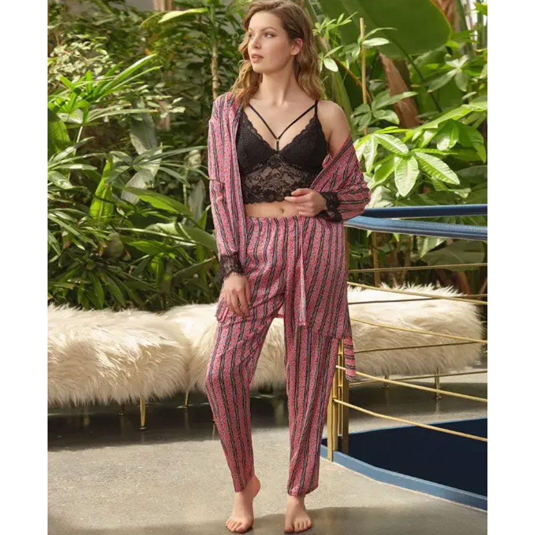 ANIL PAJAMA SUIT WITH ROBE 5644 Small / PINK - MamasJan Lingerie