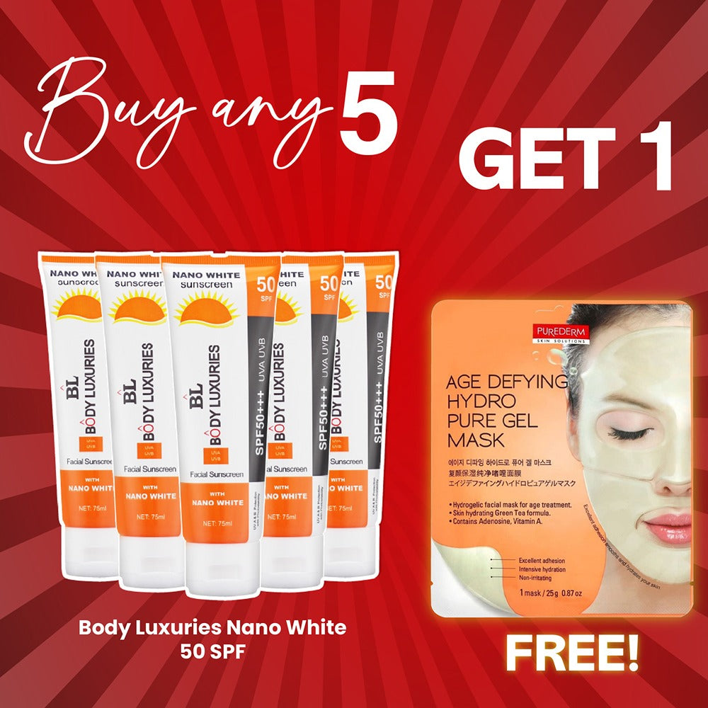 Buy 5 Nano White Sunscreens Get 1 Purederm Mask Free