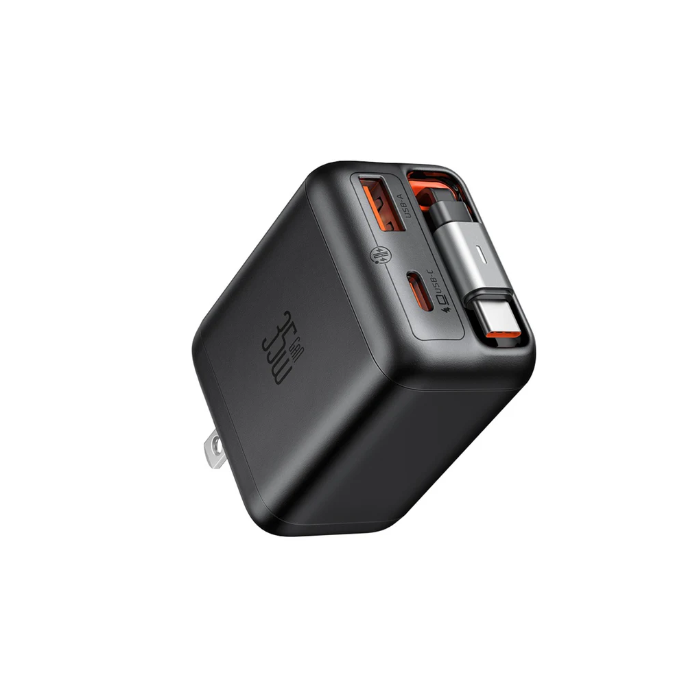 GaN Charger with Built-in Retractable Cable (US Plug) Black / 35 W - MamasJan Chargers & Adapters