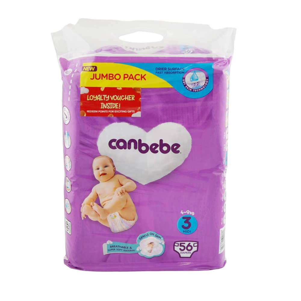 CANBEBE DIAPER NEW JUMBO MIDI NO3 56PCS 9-4KG Default Title - MamasJan Grocery Nonfood