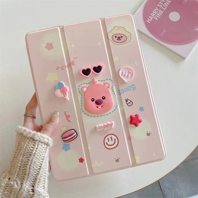 3D Embroidered Pink Bear Leather Magnetic Case with Pencil Holder for iPad Default Title - MamasJan Cases & Covers