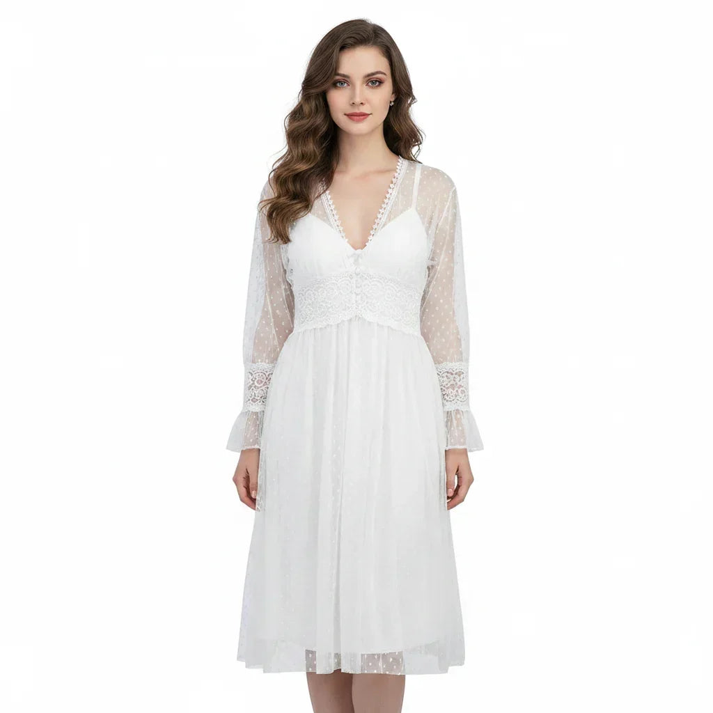 SARI NIGHTY SINGLE MIDI W/GOWN LNG5-4354 White / Free - MamasJan Lingerie