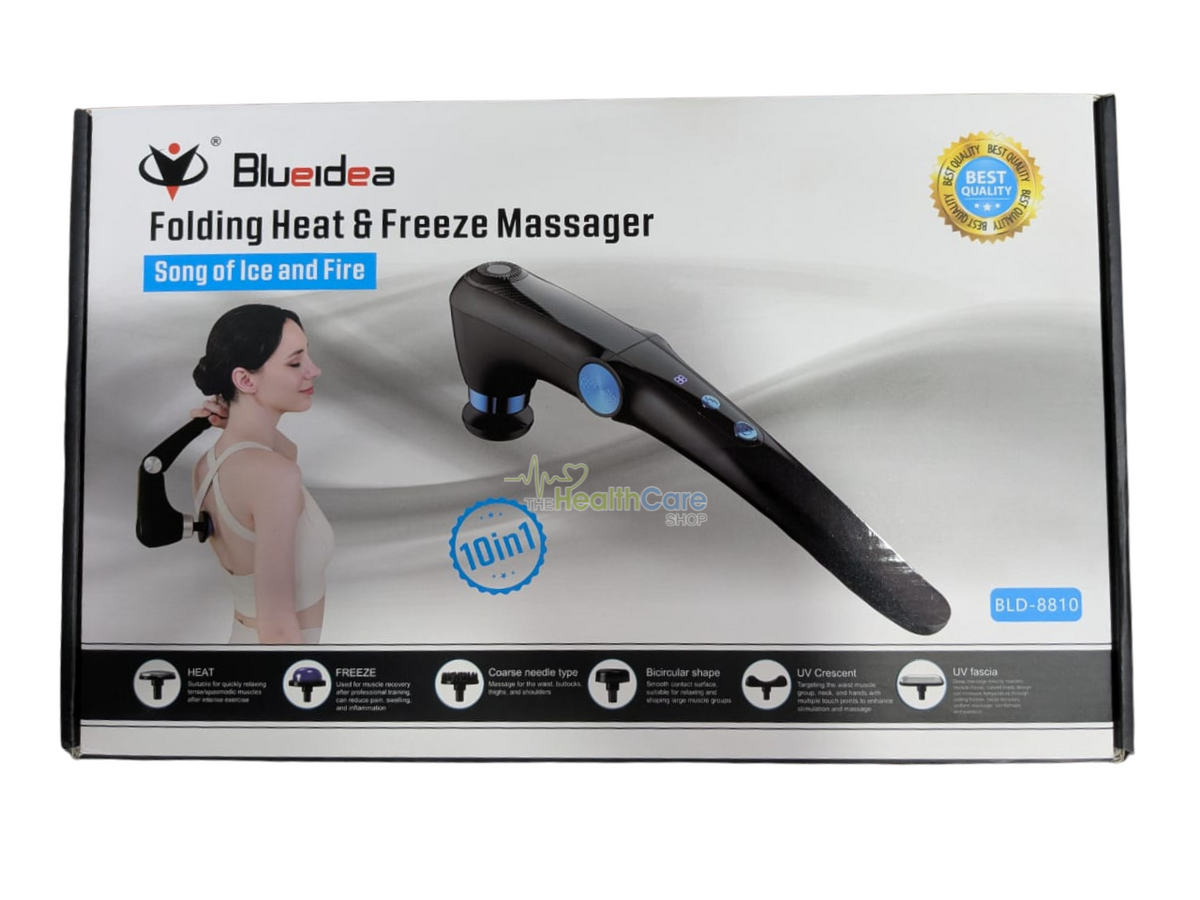 Blueidea Usb Rechargeable Folding Fascia Gun 10 In 1 Massager With Heat Cold Therapy Deep Tissue With Heat Cold Head Adjustable Angles Portable - The Healthcare Shop Pakistan