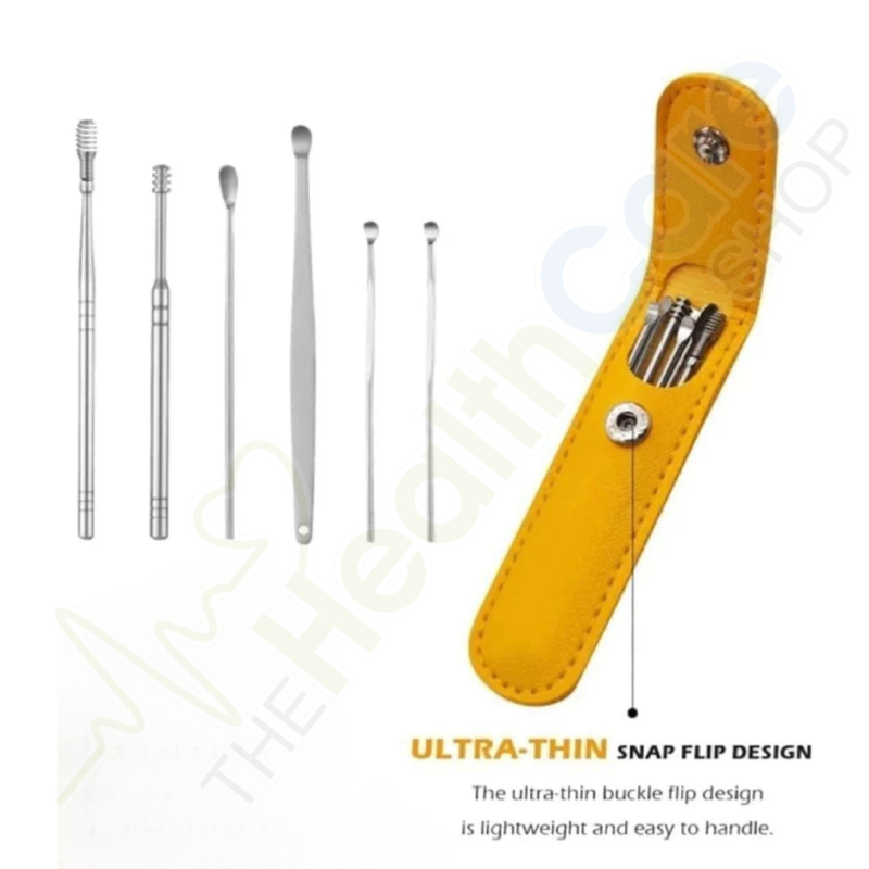 6 Piece Stainless Steel Ear Pick Set Portable Earwax Removal Kit With Pu Leather Case - The Healthcare Shop Pakistan
