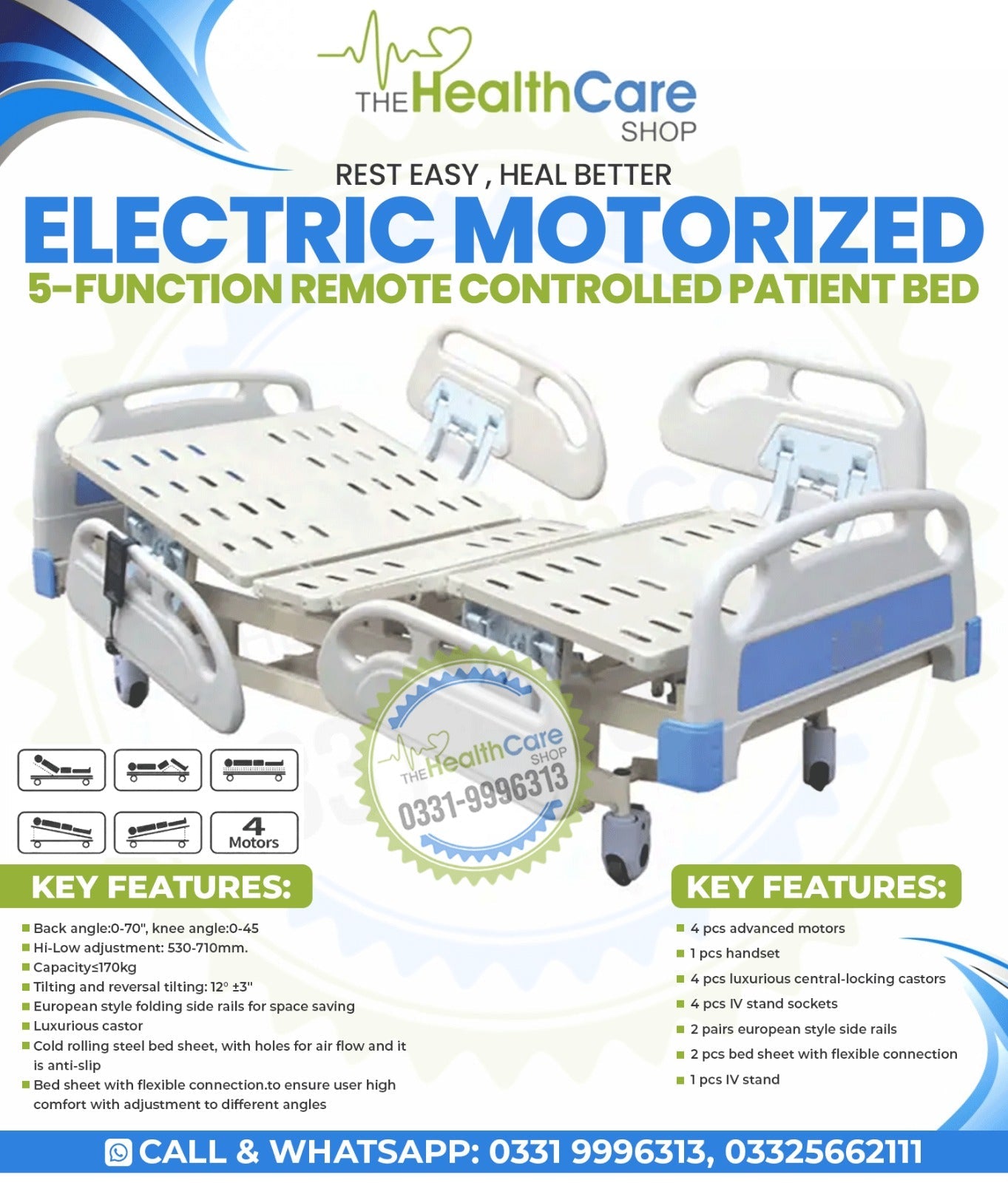 Electric Motorized 5 Function Patient Bed - The Healthcare Shop Pakistan