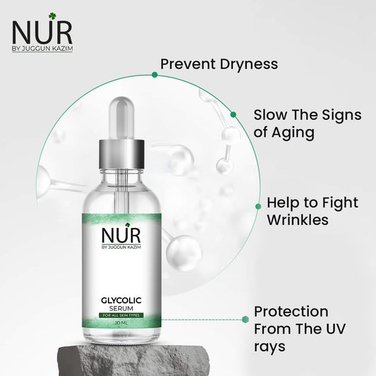 Nur Glycolic Acid Serum – Gentle Exfoliator, Hydrates Dry Skin, Treats Acne, Lightens Skin, Fade Wrinkles & Hyperpigmentation