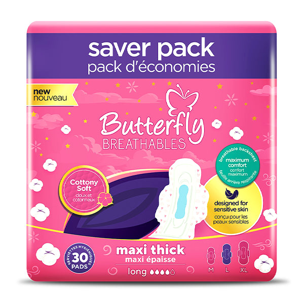 Butterfly Breathables Maxi Thick Cottony Sanitary Pads Long Trio Pack 30Pcs