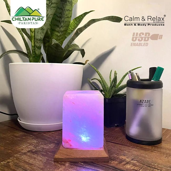 Cube Shape - USB Pink Salt Lamp with Multicolored LED Bulb - ChiltanPure