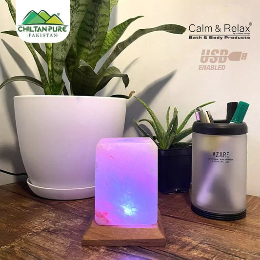 Cube Shape - USB Pink Salt Lamp with Multicolored LED Bulb - ChiltanPure