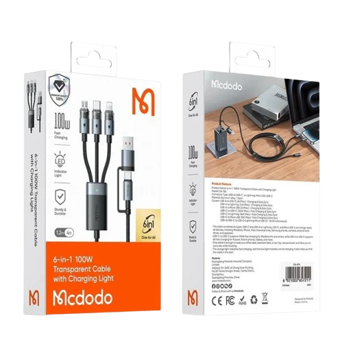 6 in 1 100W Transparent Cable with Charging Light Black / 100 W - MamasJan Chargers & Adapters